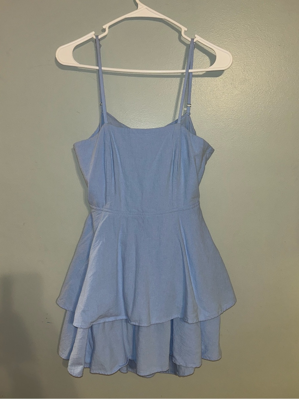 Coquette Light Blue Tiered Mini Dress Open Back Bow Skater Babydoll Size M